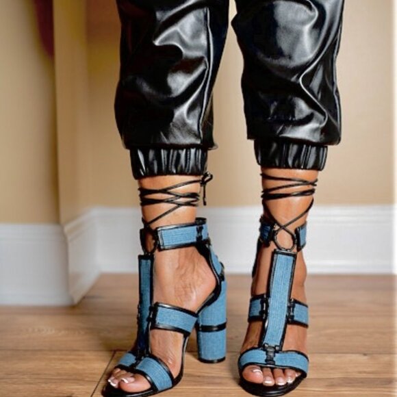 Cachet Denim Lace-up Chunky Heels - Picture 2 of 4